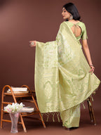 Shree Shyam Fashion Elegant Light Green Cotton Saree with Golden Zari Work - Graceful Comfort for Everyday & Festive Wear