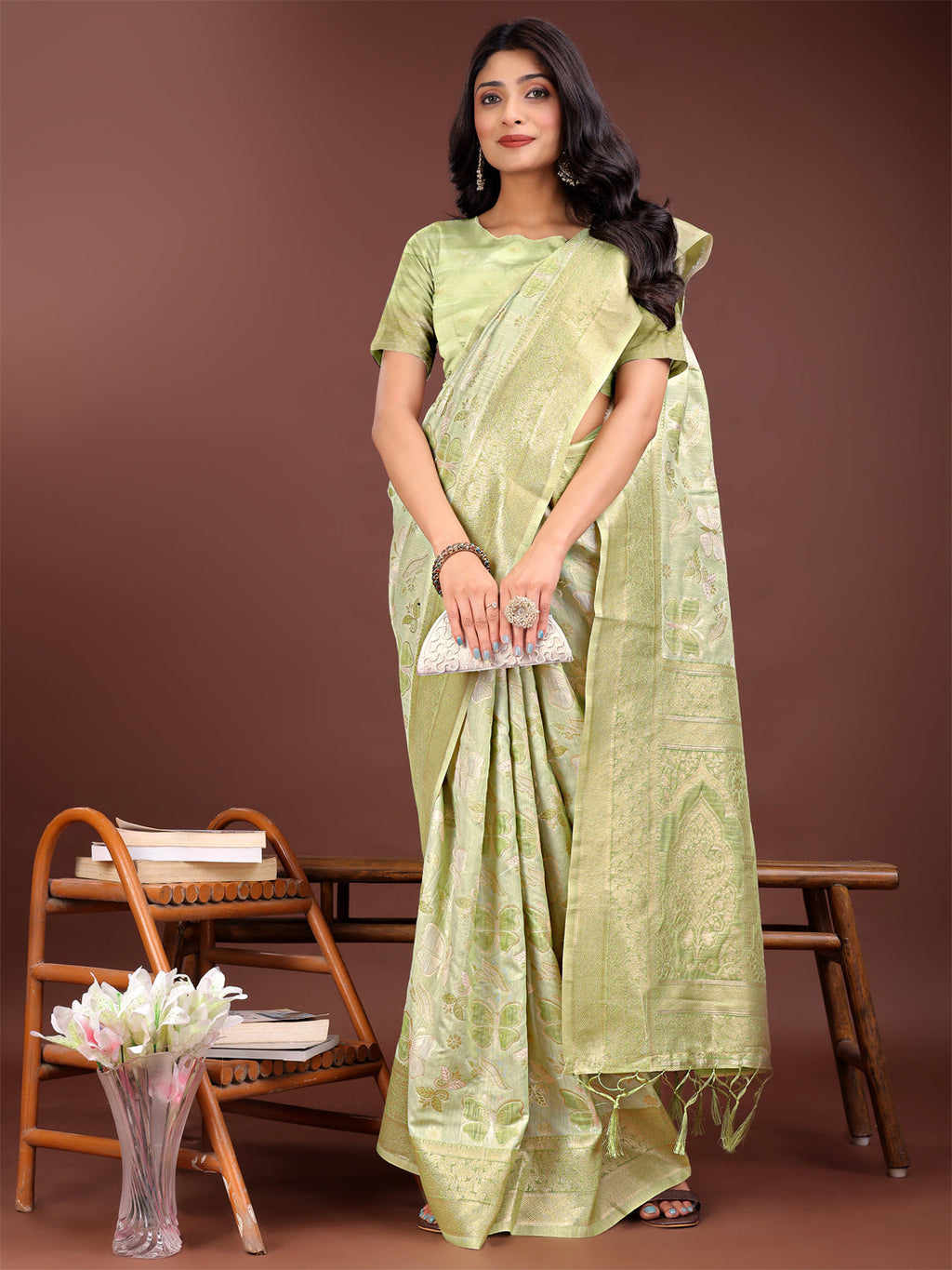 Shree Shyam Fashion Elegant Light Green Cotton Saree with Golden Zari Work - Graceful Comfort for Everyday & Festive Wear
