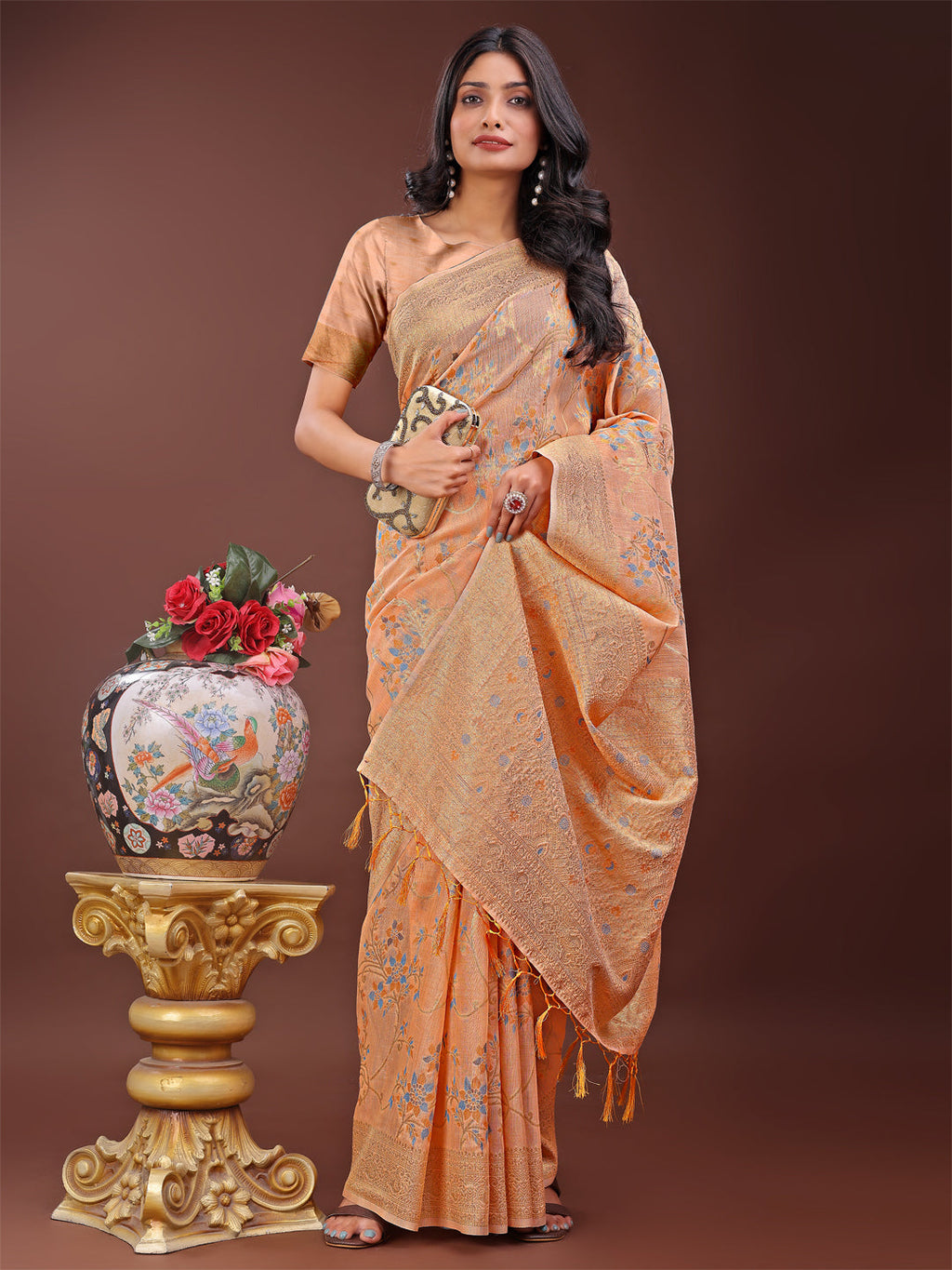 Shree Shyam Fashion Elegant Orange Linen Cotton Saree with Floral Weave & Soft Gold Pallu - Graceful Choice for Casual,Office & Festive Looks