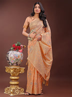 Shree Shyam Fashion Elegant Orange Linen Cotton Saree with Floral Weave & Soft Gold Pallu - Graceful Choice for Casual,Office & Festive Looks