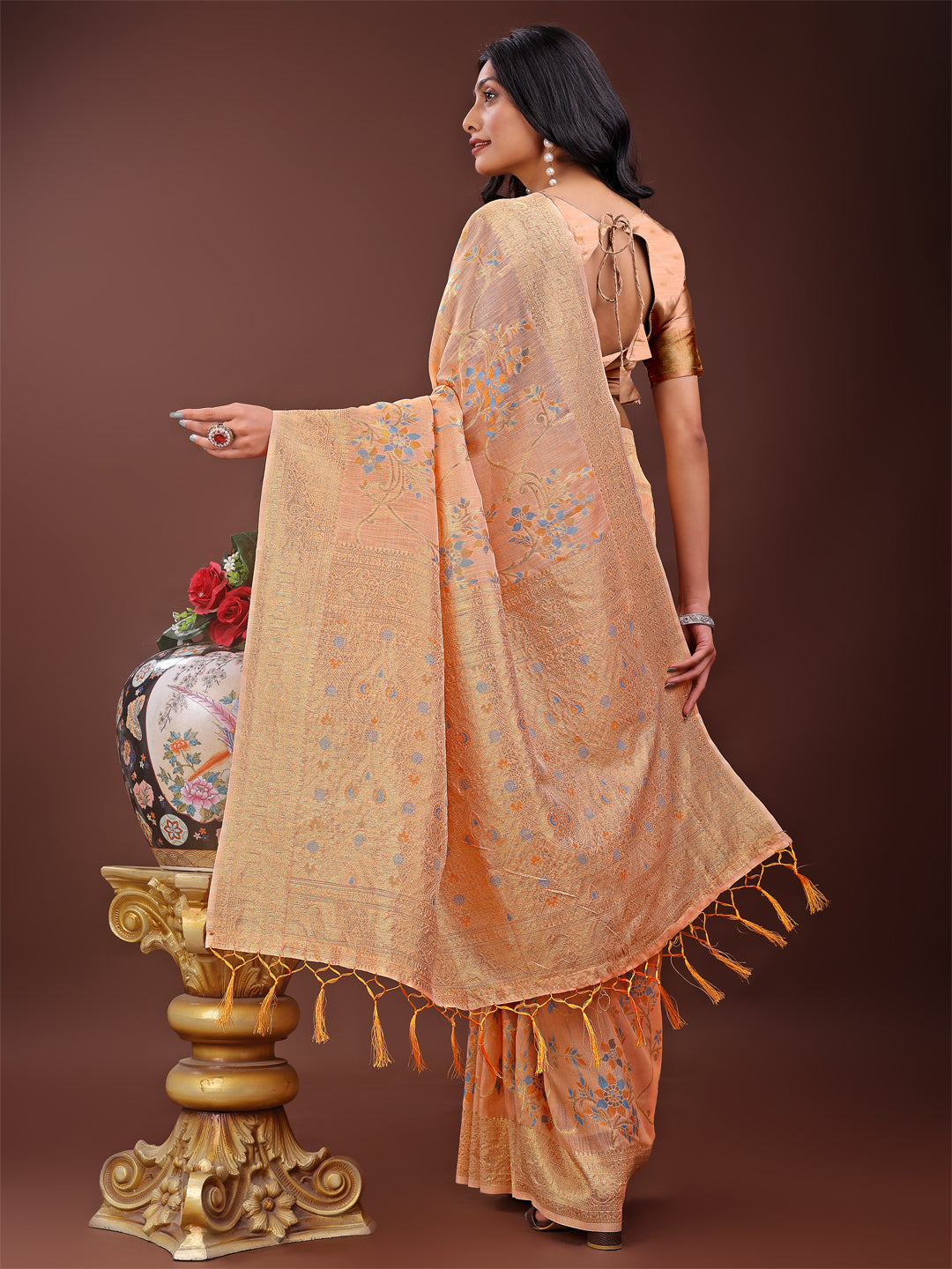 Shree Shyam Fashion Elegant Orange Linen Cotton Saree with Floral Weave & Soft Gold Pallu - Graceful Choice for Casual,Office & Festive Looks