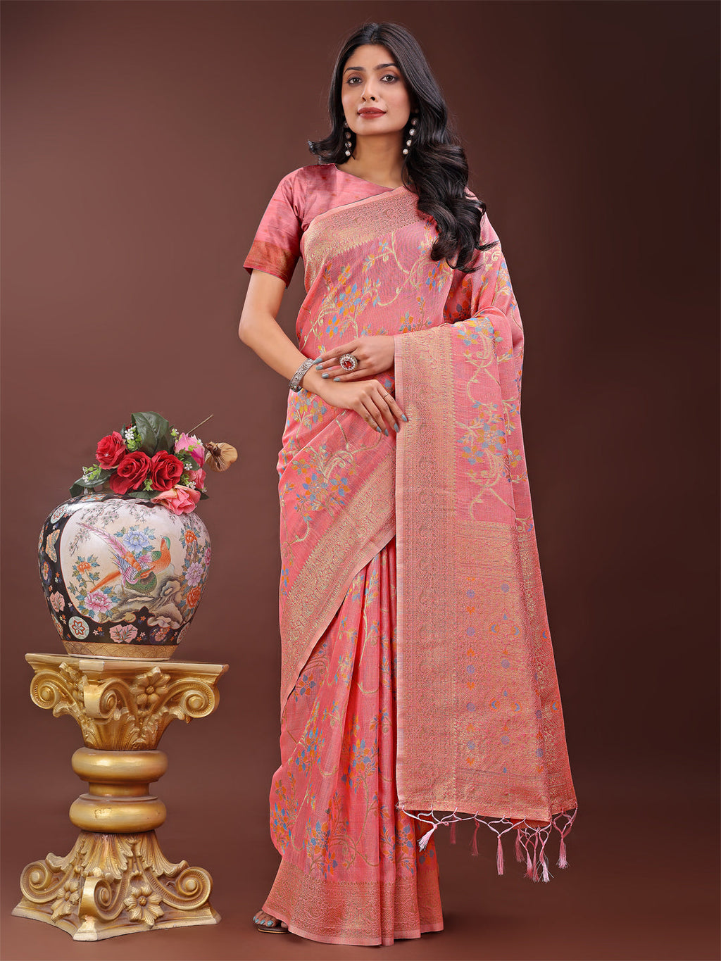 Shree Shyam Fashion Elegant Peach Linen Cotton Saree with Floral Weave & Soft Gold Pallu - Graceful Choice for Casual,Office & Festive Looks