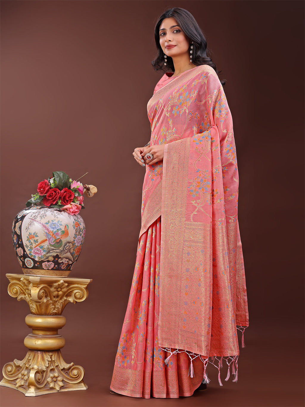 Shree Shyam Fashion Elegant Peach Linen Cotton Saree with Floral Weave & Soft Gold Pallu - Graceful Choice for Casual,Office & Festive Looks