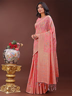 Shree Shyam Fashion Elegant Peach Linen Cotton Saree with Floral Weave & Soft Gold Pallu - Graceful Choice for Casual,Office & Festive Looks