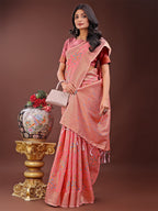 Shree Shyam Fashion Elegant Peach Linen Cotton Saree with Floral Weave & Soft Gold Pallu - Graceful Choice for Casual,Office & Festive Looks