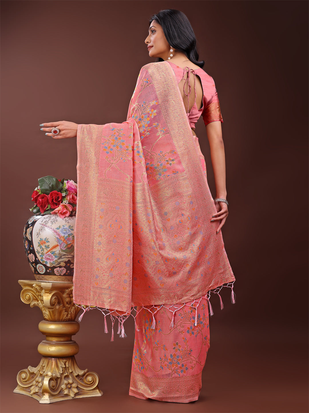 Shree Shyam Fashion Elegant Peach Linen Cotton Saree with Floral Weave & Soft Gold Pallu - Graceful Choice for Casual,Office & Festive Looks