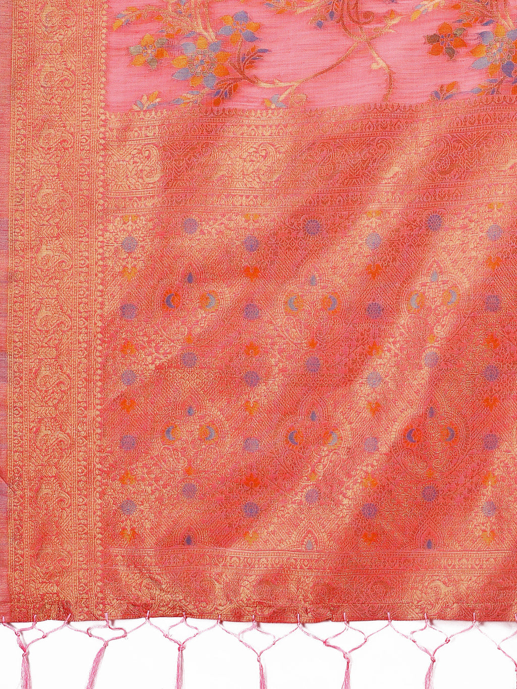 Shree Shyam Fashion Elegant Peach Linen Cotton Saree with Floral Weave & Soft Gold Pallu - Graceful Choice for Casual,Office & Festive Looks