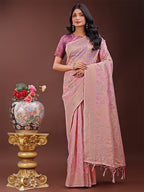 Shree Shyam Fashion Elegant Light Pink Linen Cotton Saree with Floral Weave & Soft Gold Pallu - Graceful Choice for Casual,Office & Festive Looks