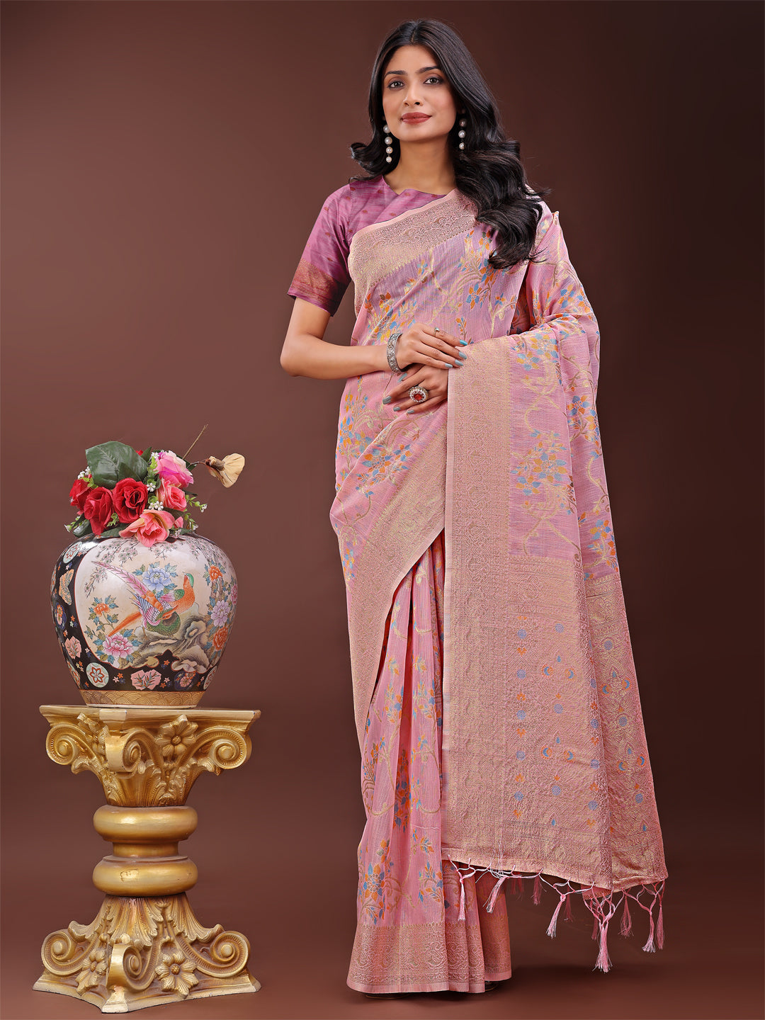 Shree Shyam Fashion Elegant Light Pink Linen Cotton Saree with Floral Weave & Soft Gold Pallu - Graceful Choice for Casual,Office & Festive Looks
