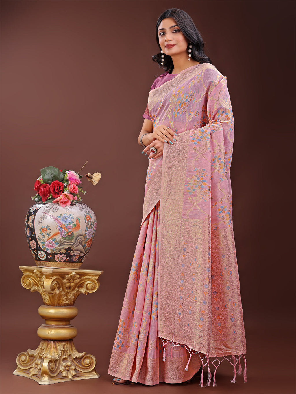 Shree Shyam Fashion Elegant Light Pink Linen Cotton Saree with Floral Weave & Soft Gold Pallu - Graceful Choice for Casual,Office & Festive Looks