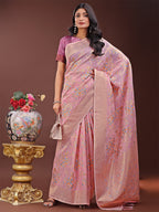 Shree Shyam Fashion Elegant Light Pink Linen Cotton Saree with Floral Weave & Soft Gold Pallu - Graceful Choice for Casual,Office & Festive Looks
