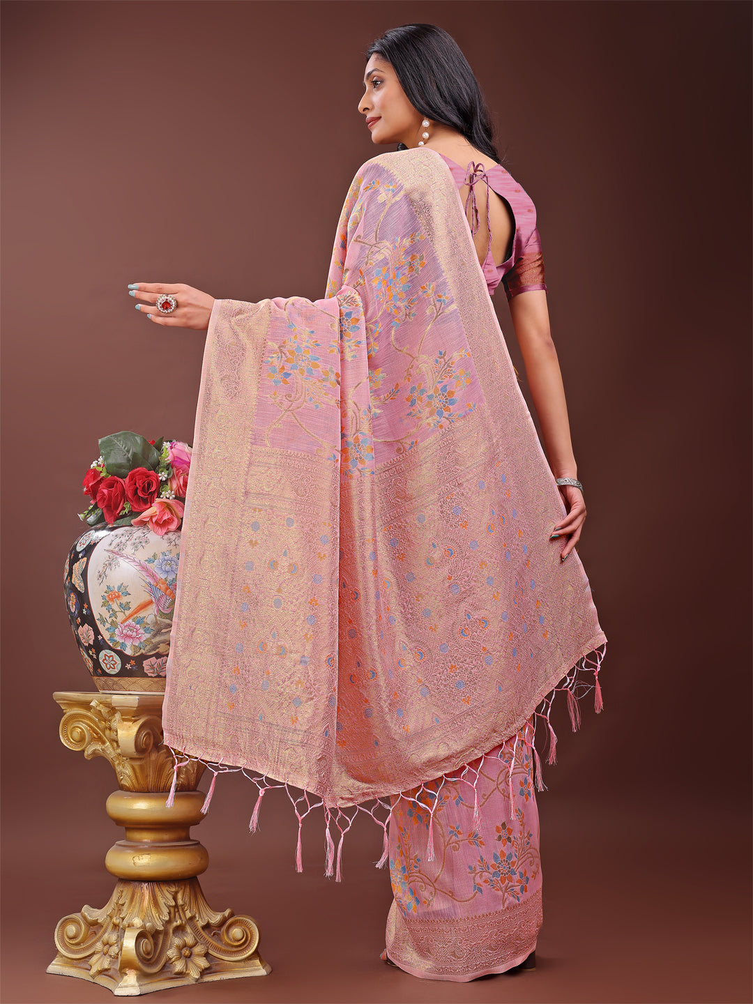 Shree Shyam Fashion Elegant Light Pink Linen Cotton Saree with Floral Weave & Soft Gold Pallu - Graceful Choice for Casual,Office & Festive Looks