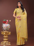 Shree Shyam Fashion Elegant Yellow Linen Cotton Saree with Floral Weave & Soft Gold Pallu - Graceful Choice for Casual,Office & Festive Looks