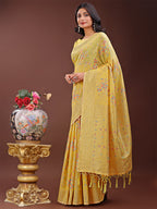 Shree Shyam Fashion Elegant Yellow Linen Cotton Saree with Floral Weave & Soft Gold Pallu - Graceful Choice for Casual,Office & Festive Looks