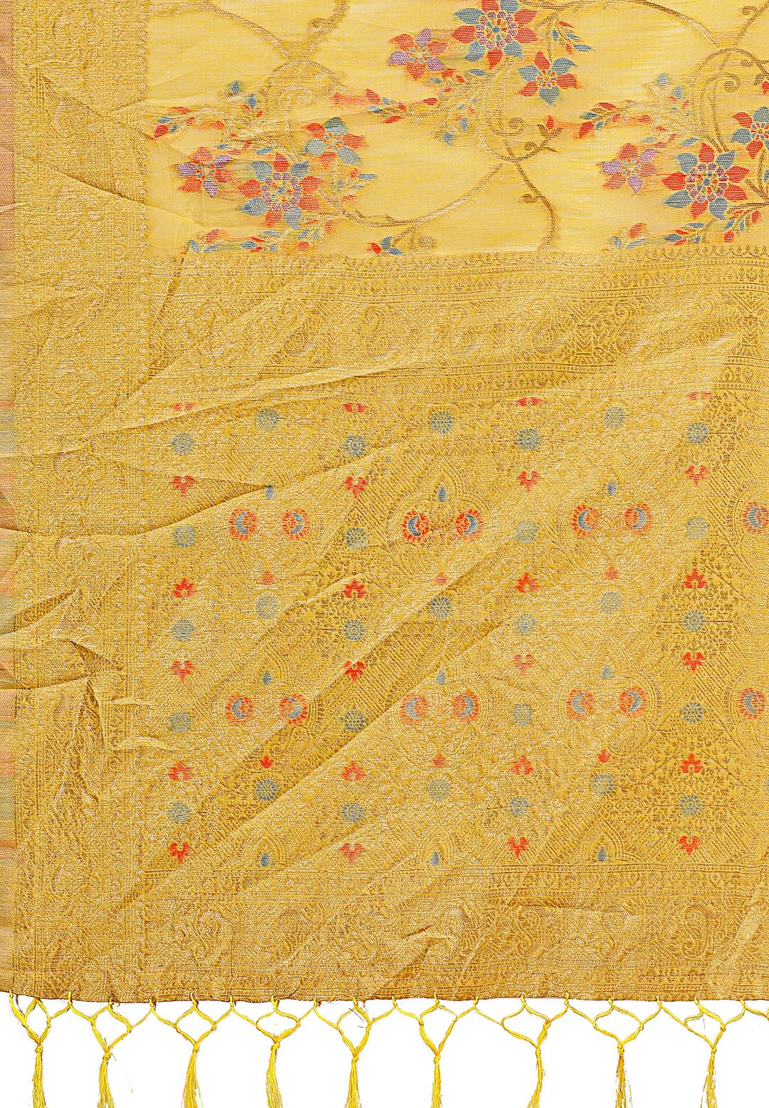 Shree Shyam Fashion Elegant Yellow Linen Cotton Saree with Floral Weave & Soft Gold Pallu - Graceful Choice for Casual,Office & Festive Looks