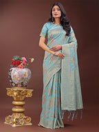 Shree Shyam Fashion Elegant Light Blue Linen Cotton Saree with Floral Weave & Soft Gold Pallu - Graceful Choice for Casual,Office & Festive Looks