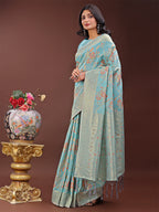 Shree Shyam Fashion Elegant Light Blue Linen Cotton Saree with Floral Weave & Soft Gold Pallu - Graceful Choice for Casual,Office & Festive Looks