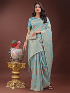Shree Shyam Fashion Elegant Light Blue Linen Cotton Saree with Floral Weave & Soft Gold Pallu - Graceful Choice for Casual,Office & Festive Looks