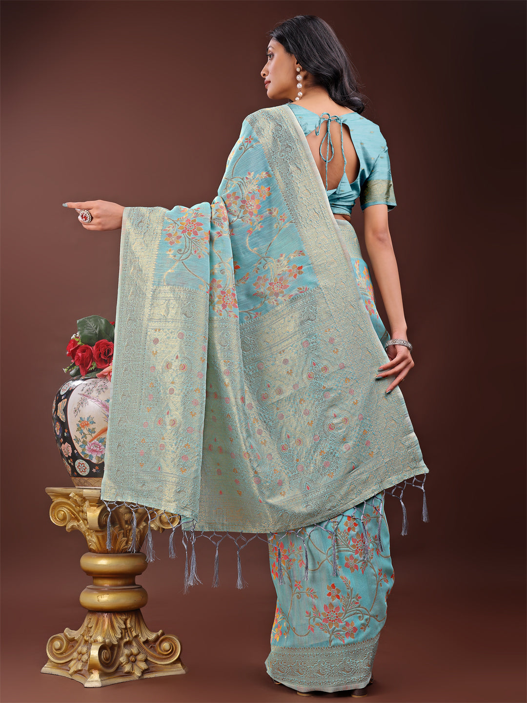 Shree Shyam Fashion Elegant Light Blue Linen Cotton Saree with Floral Weave & Soft Gold Pallu - Graceful Choice for Casual,Office & Festive Looks