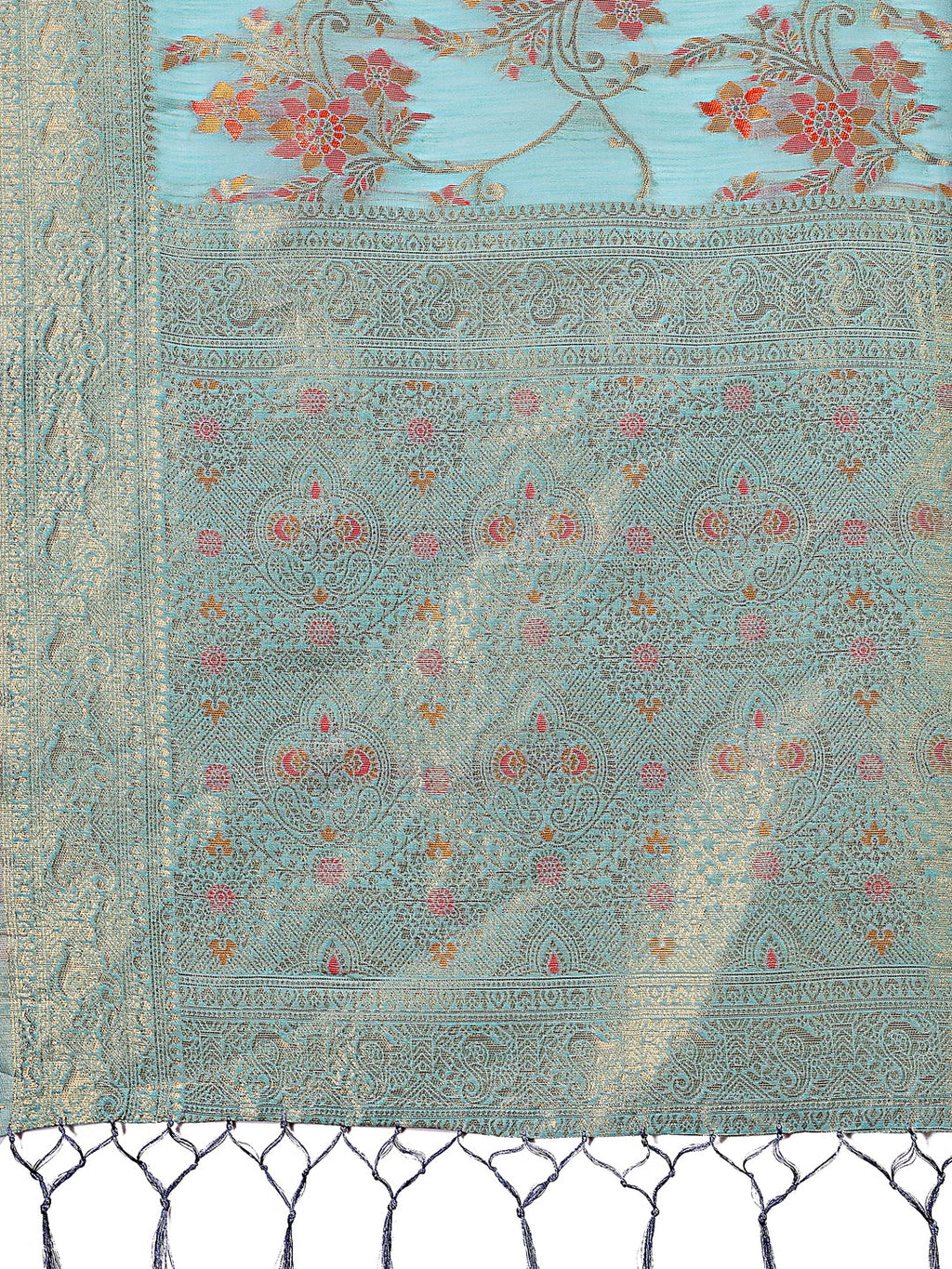 Shree Shyam Fashion Elegant Light Blue Linen Cotton Saree with Floral Weave & Soft Gold Pallu - Graceful Choice for Casual,Office & Festive Looks