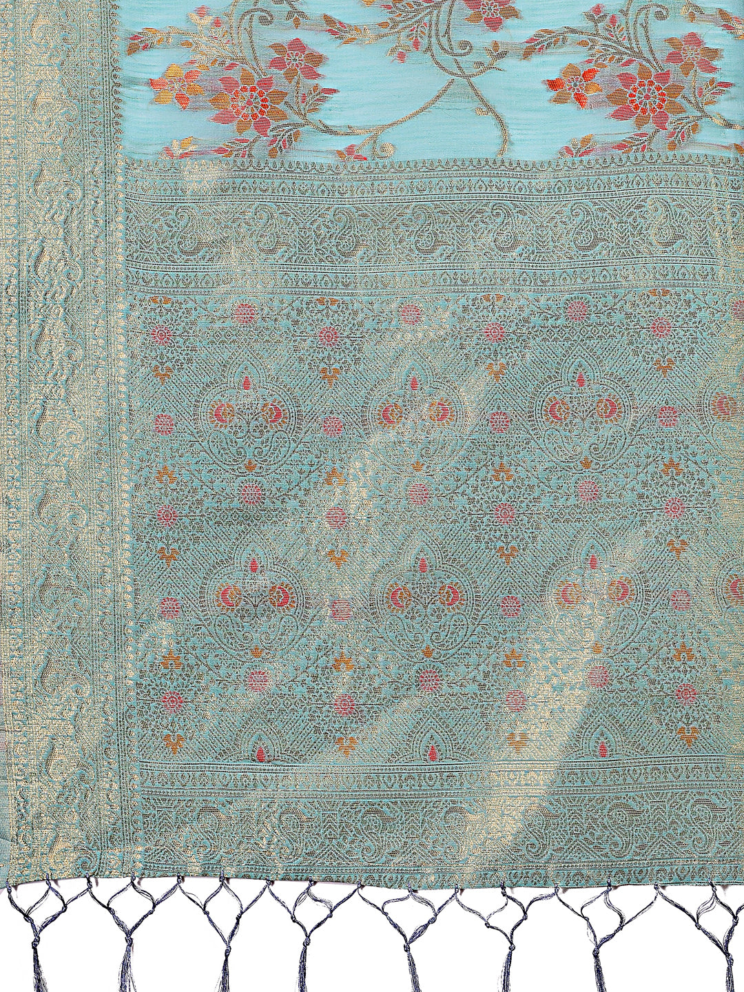 Shree Shyam Fashion Elegant Light Blue Linen Cotton Saree with Floral Weave & Soft Gold Pallu - Graceful Choice for Casual,Office & Festive Looks