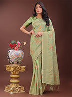 Shree Shyam Fashion Elegant Light Green Linen Cotton Saree with Floral Weave & Soft Gold Pallu - Graceful Choice for Casual,Office & Festive Looks