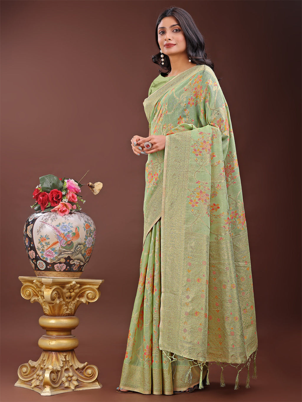 Shree Shyam Fashion Elegant Light Green Linen Cotton Saree with Floral Weave & Soft Gold Pallu - Graceful Choice for Casual,Office & Festive Looks