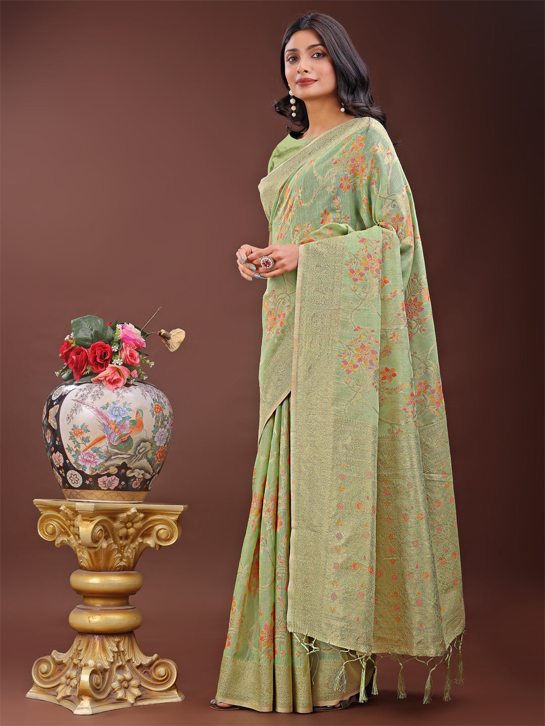 Shree Shyam Fashion Elegant Light Green Linen Cotton Saree with Floral Weave & Soft Gold Pallu - Graceful Choice for Casual,Office & Festive Looks