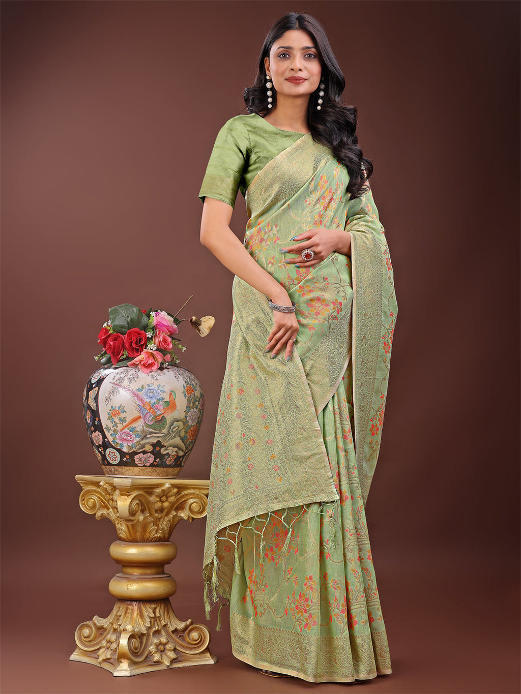 Shree Shyam Fashion Elegant Light Green Linen Cotton Saree with Floral Weave & Soft Gold Pallu - Graceful Choice for Casual,Office & Festive Looks