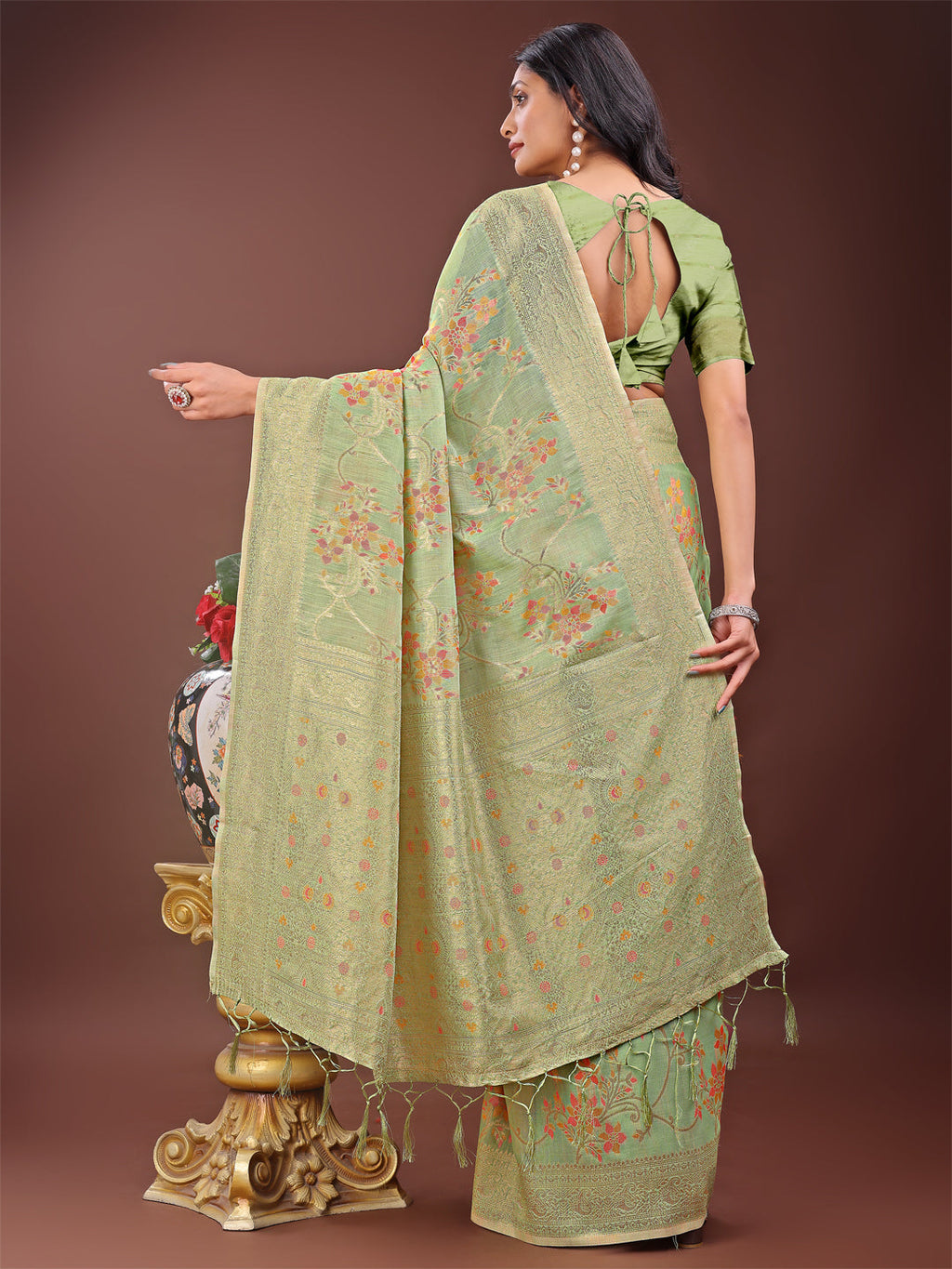 Shree Shyam Fashion Elegant Light Green Linen Cotton Saree with Floral Weave & Soft Gold Pallu - Graceful Choice for Casual,Office & Festive Looks