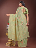Shree Shyam Fashion Elegant Light Green Linen Cotton Saree with Floral Weave & Soft Gold Pallu - Graceful Choice for Casual,Office & Festive Looks