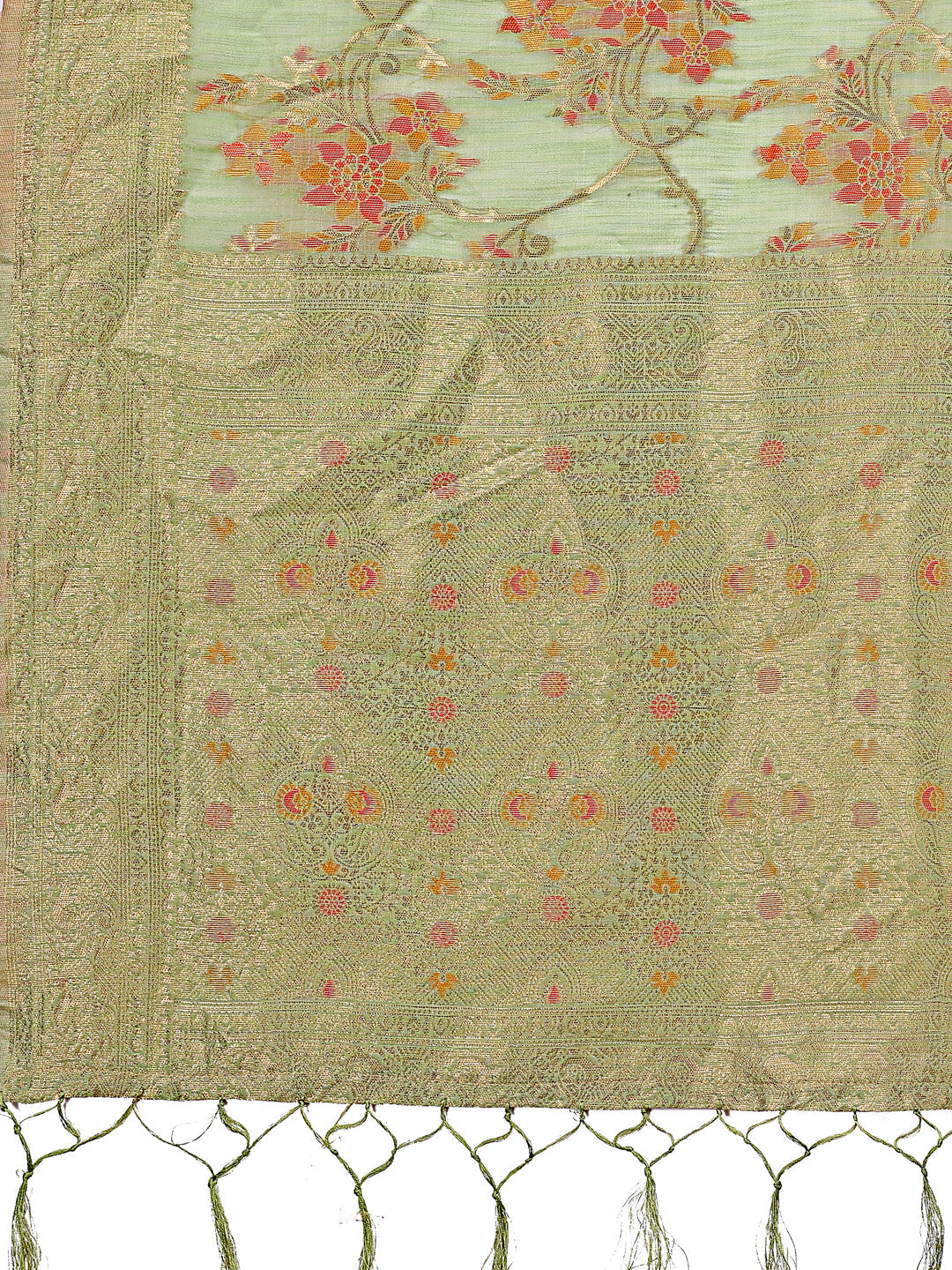 Shree Shyam Fashion Elegant Light Green Linen Cotton Saree with Floral Weave & Soft Gold Pallu - Graceful Choice for Casual,Office & Festive Looks