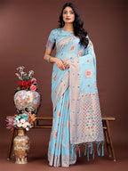 Shree Shyam Fashion Elegant Sky Blue Linen Saree with Intricate Woven Patterns - Lightweight Grace for Everyday and Festive Moments