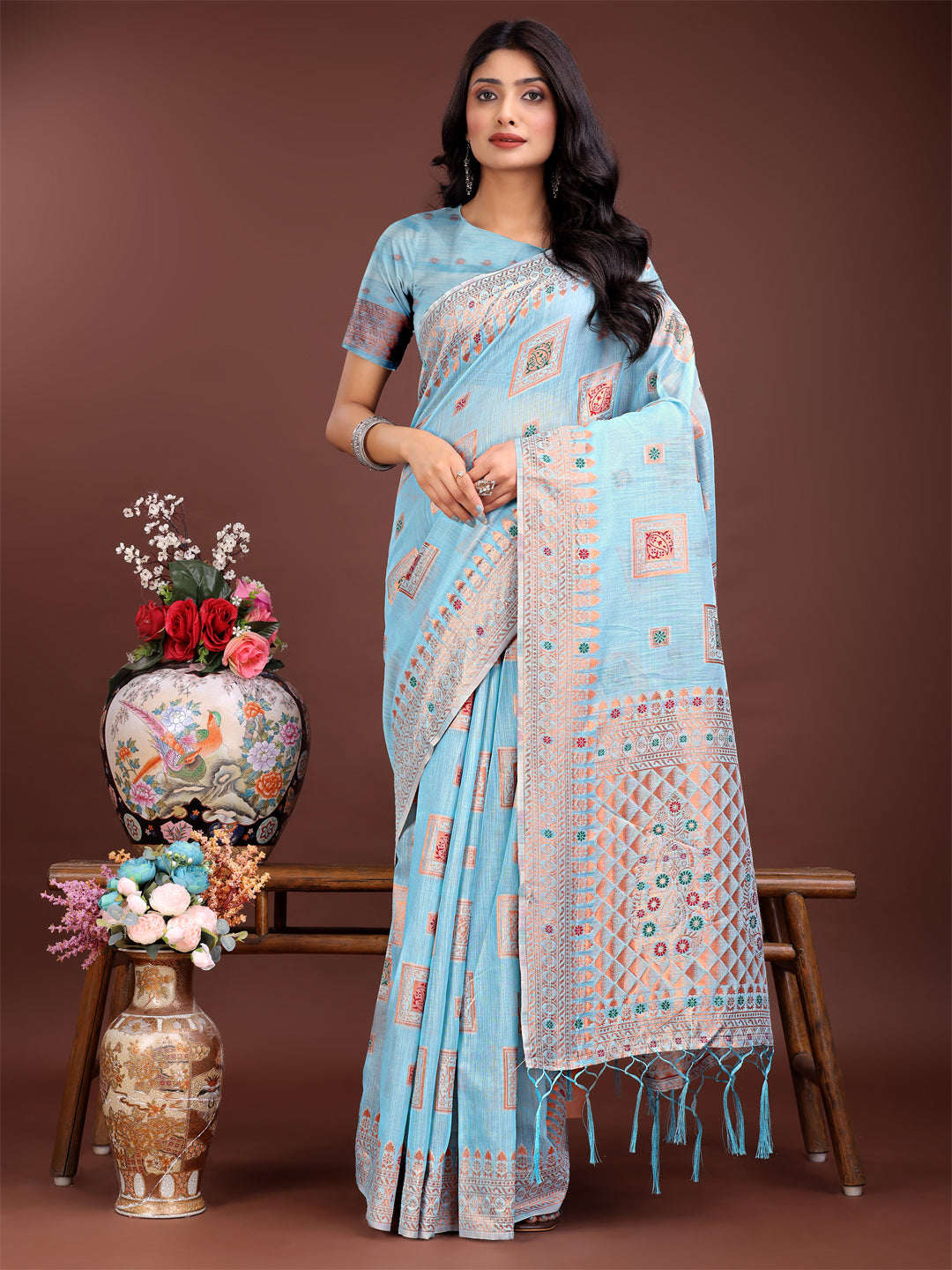 Shree Shyam Fashion Elegant Sky Blue Linen Saree with Intricate Woven Patterns - Lightweight Grace for Everyday and Festive Moments