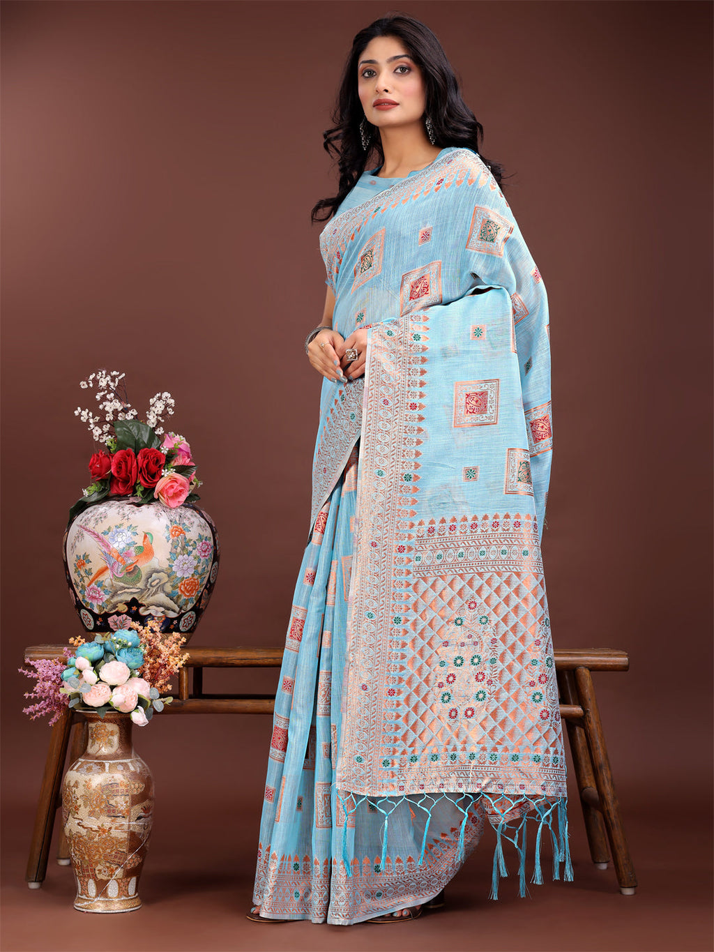 Shree Shyam Fashion Elegant Sky Blue Linen Saree with Intricate Woven Patterns - Lightweight Grace for Everyday and Festive Moments
