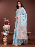 Shree Shyam Fashion Elegant Sky Blue Linen Saree with Intricate Woven Patterns - Lightweight Grace for Everyday and Festive Moments