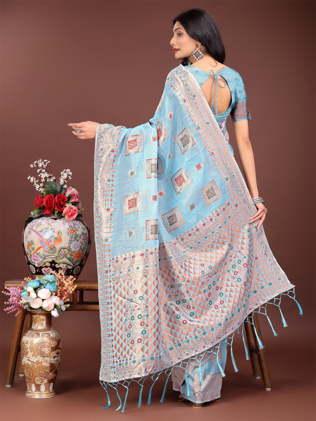Shree Shyam Fashion Elegant Sky Blue Linen Saree with Intricate Woven Patterns - Lightweight Grace for Everyday and Festive Moments