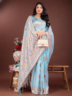 Shree Shyam Fashion Elegant Sky Blue Linen Saree with Intricate Woven Patterns - Lightweight Grace for Everyday and Festive Moments