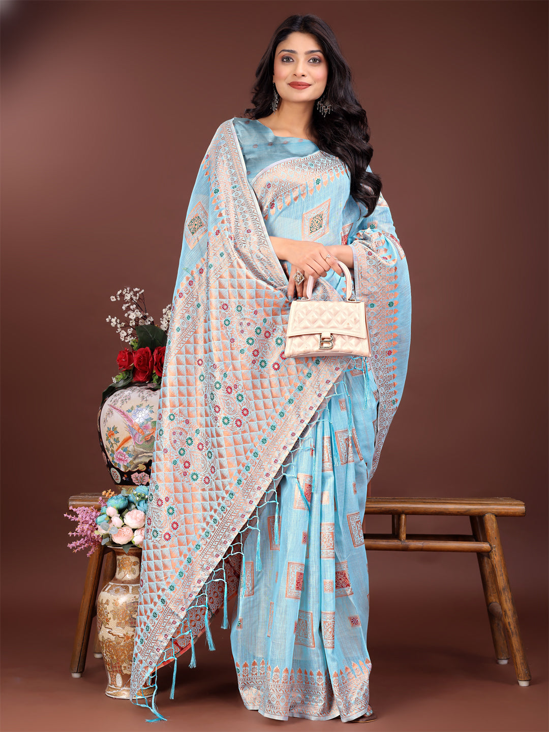 Shree Shyam Fashion Elegant Sky Blue Linen Saree with Intricate Woven Patterns - Lightweight Grace for Everyday and Festive Moments