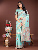 Shree Shyam Fashion Elegant Sea Green Linen Saree with Intricate Woven Patterns - Lightweight Grace for Everyday and Festive Moments