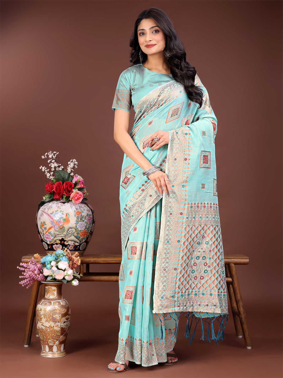 Shree Shyam Fashion Elegant Sea Green Linen Saree with Intricate Woven Patterns - Lightweight Grace for Everyday and Festive Moments