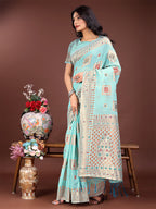 Shree Shyam Fashion Elegant Sea Green Linen Saree with Intricate Woven Patterns - Lightweight Grace for Everyday and Festive Moments