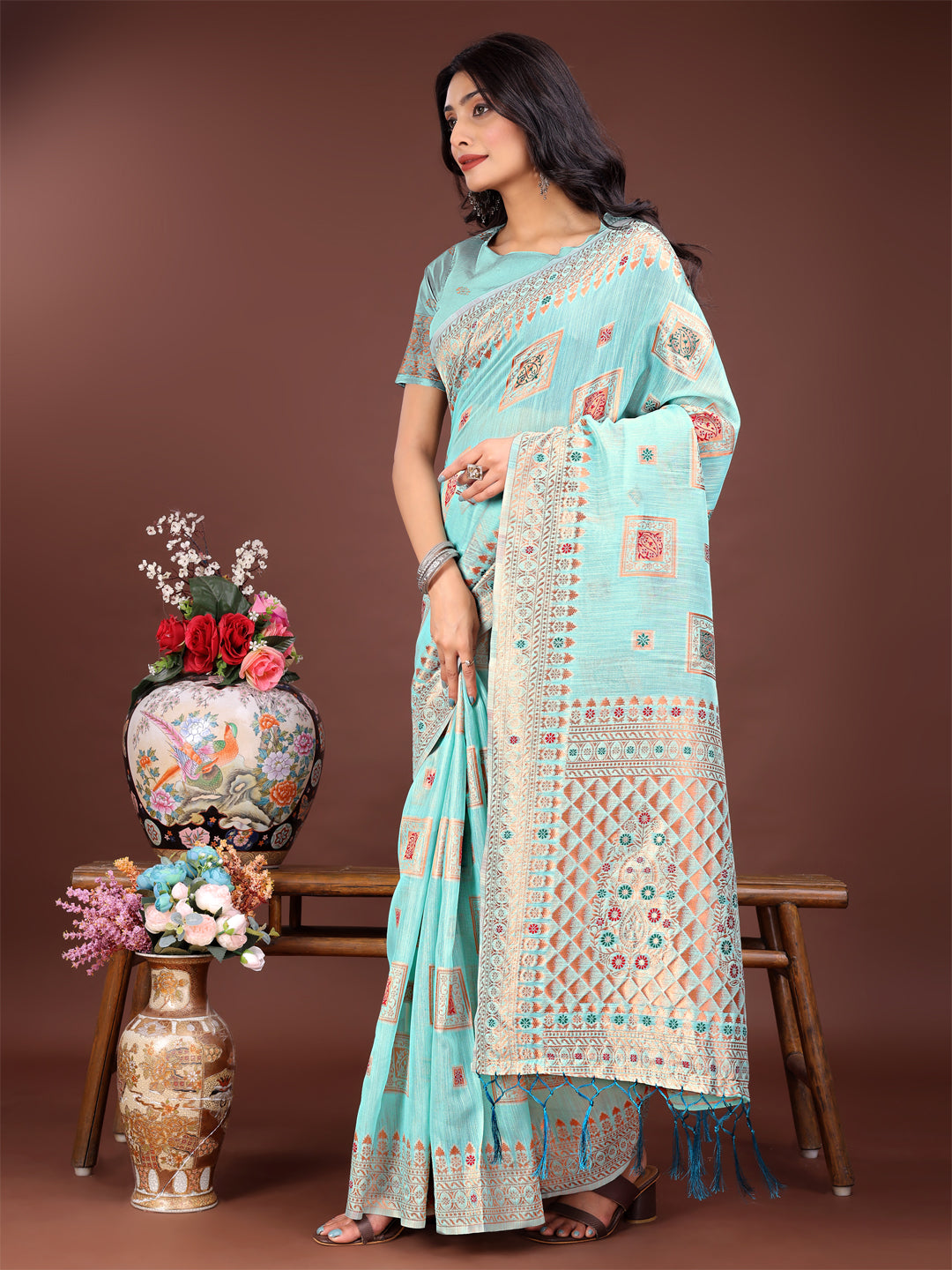 Shree Shyam Fashion Elegant Sea Green Linen Saree with Intricate Woven Patterns - Lightweight Grace for Everyday and Festive Moments