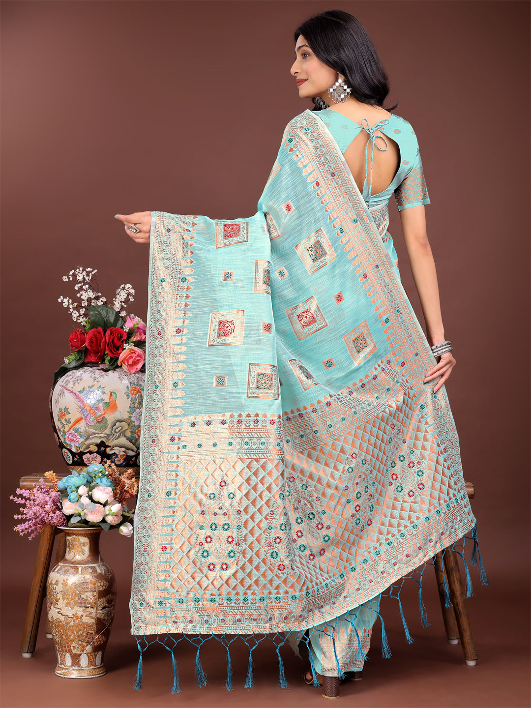 Shree Shyam Fashion Elegant Sea Green Linen Saree with Intricate Woven Patterns - Lightweight Grace for Everyday and Festive Moments