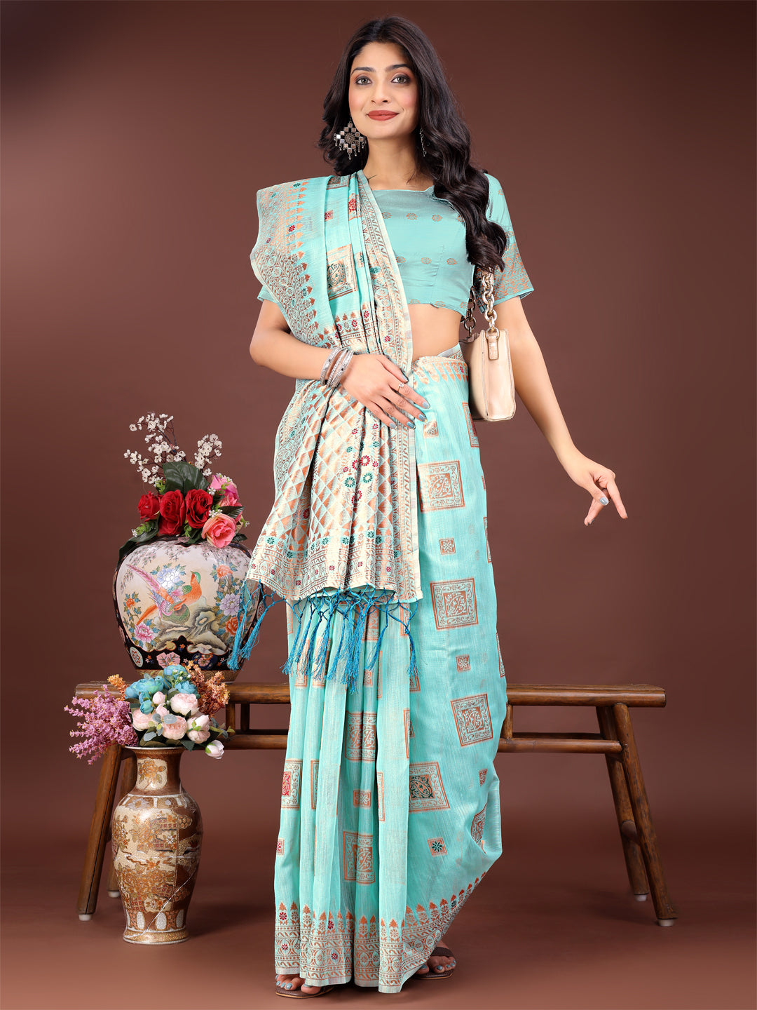 Shree Shyam Fashion Elegant Sea Green Linen Saree with Intricate Woven Patterns - Lightweight Grace for Everyday and Festive Moments