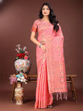 Shree Shyam Fashion Elegant Peach Linen Saree with Intricate Woven Patterns - Lightweight Grace for Everyday and Festive Moments