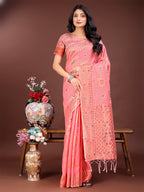 Shree Shyam Fashion Elegant Peach Linen Saree with Intricate Woven Patterns - Lightweight Grace for Everyday and Festive Moments