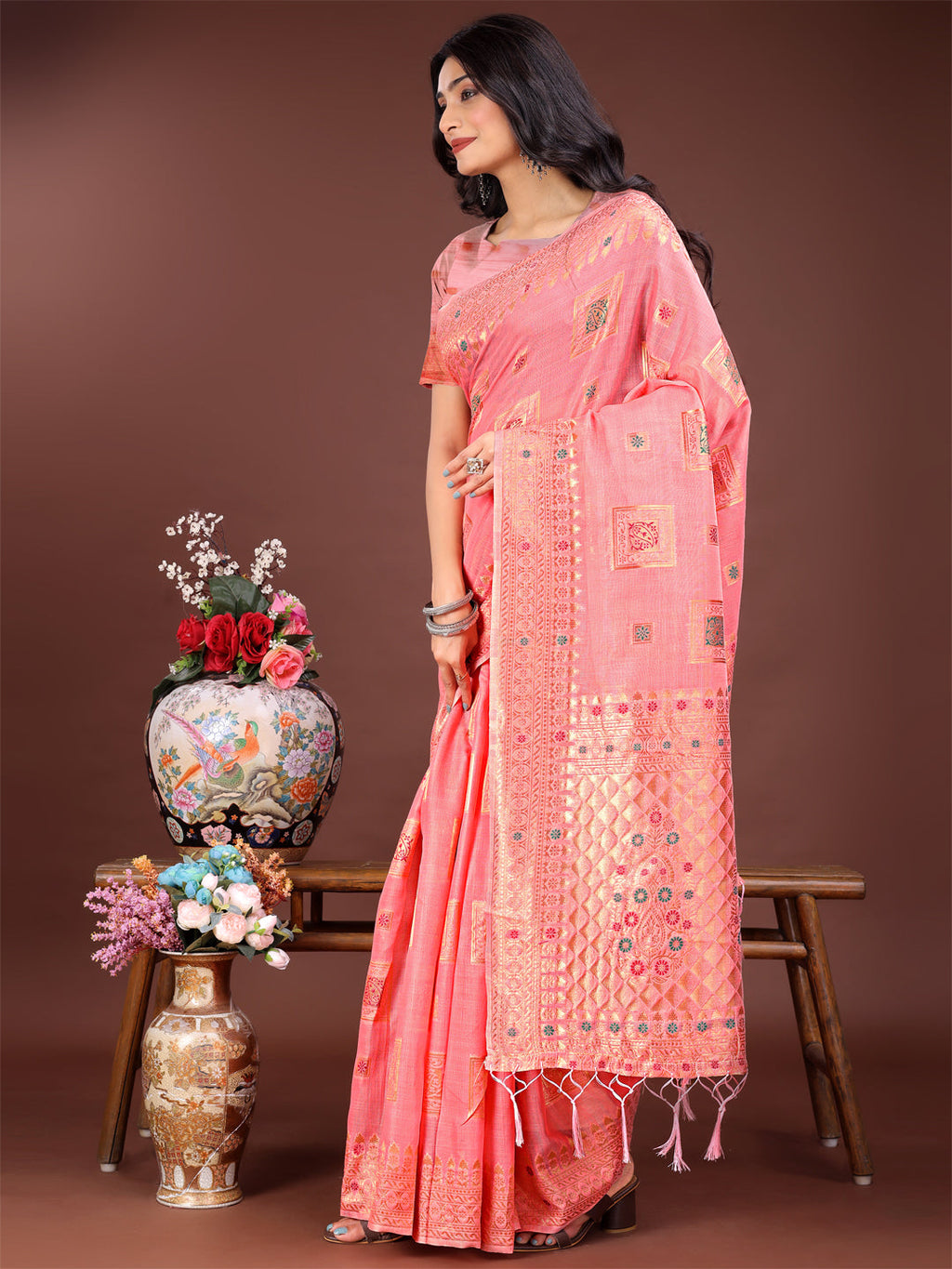 Shree Shyam Fashion Elegant Peach Linen Saree with Intricate Woven Patterns - Lightweight Grace for Everyday and Festive Moments