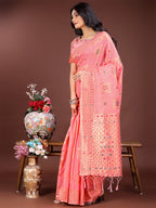 Shree Shyam Fashion Elegant Peach Linen Saree with Intricate Woven Patterns - Lightweight Grace for Everyday and Festive Moments