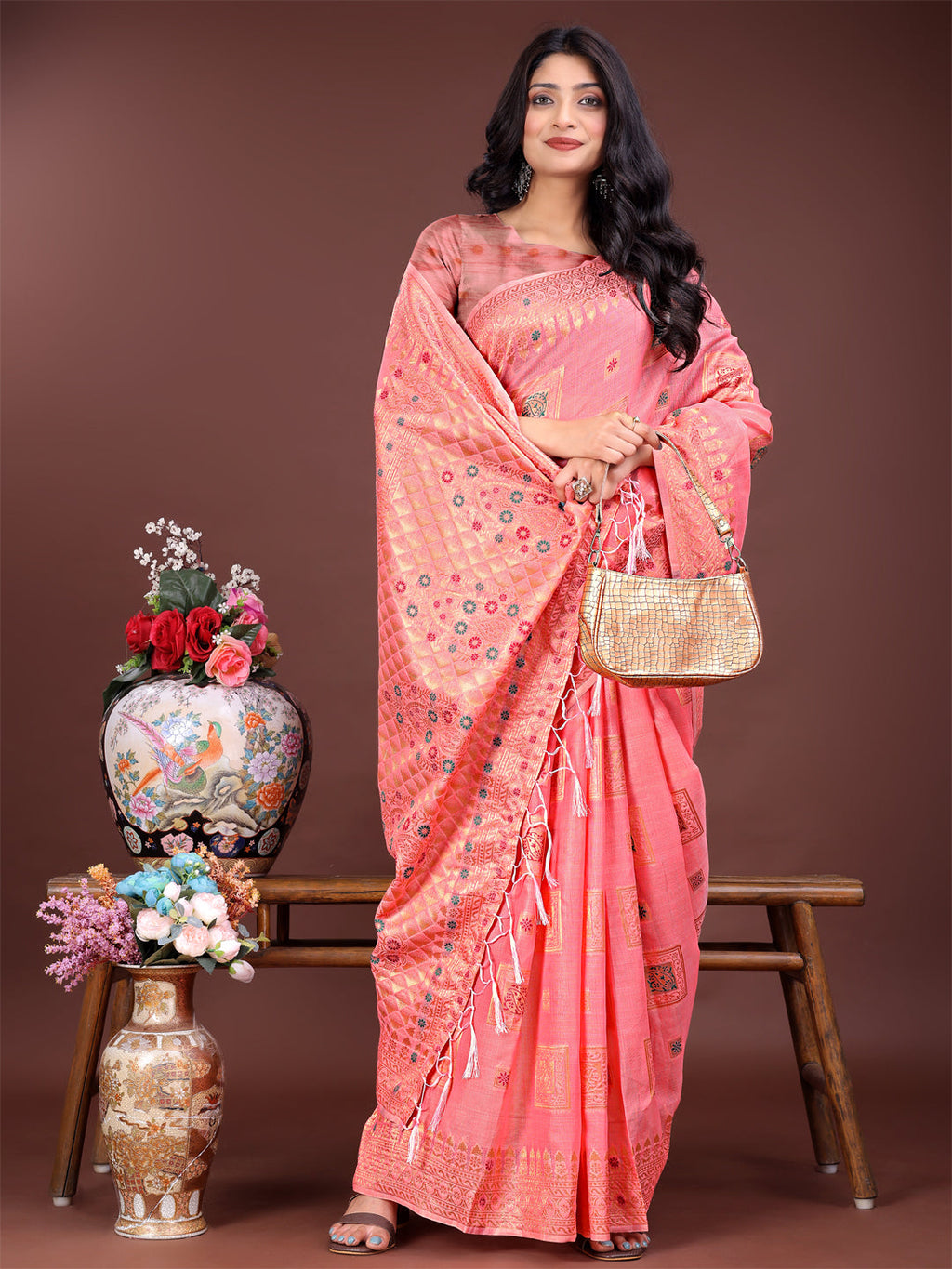 Shree Shyam Fashion Elegant Peach Linen Saree with Intricate Woven Patterns - Lightweight Grace for Everyday and Festive Moments